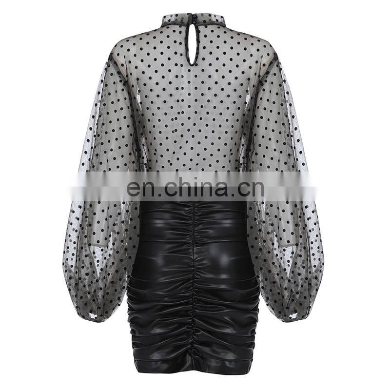 stand neck mesh dot synthetic leather skirt Long Sleeve Sexy Swear Club Wear Tight Wear