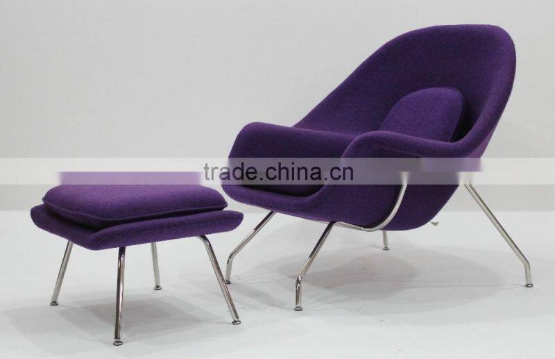replica relaxing fiberglass materail stainless steel frame wool fabric womb chair with ottoman by Eero Saarinen