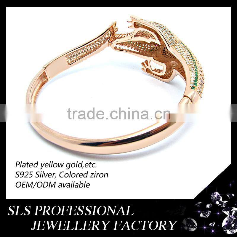 Animal 925 sterling silver bangles for men setting green CZ and white natural stone bangle