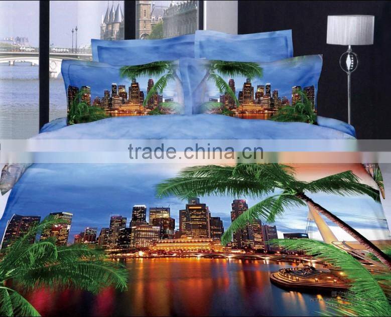 trade assurance 100% cotton reactive printed City architecture /3Ddesign for bed sheet In China