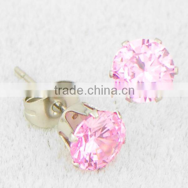 Fancy Stainless Steel Earrings Pink CZ Stone Inlaid Stud Earring