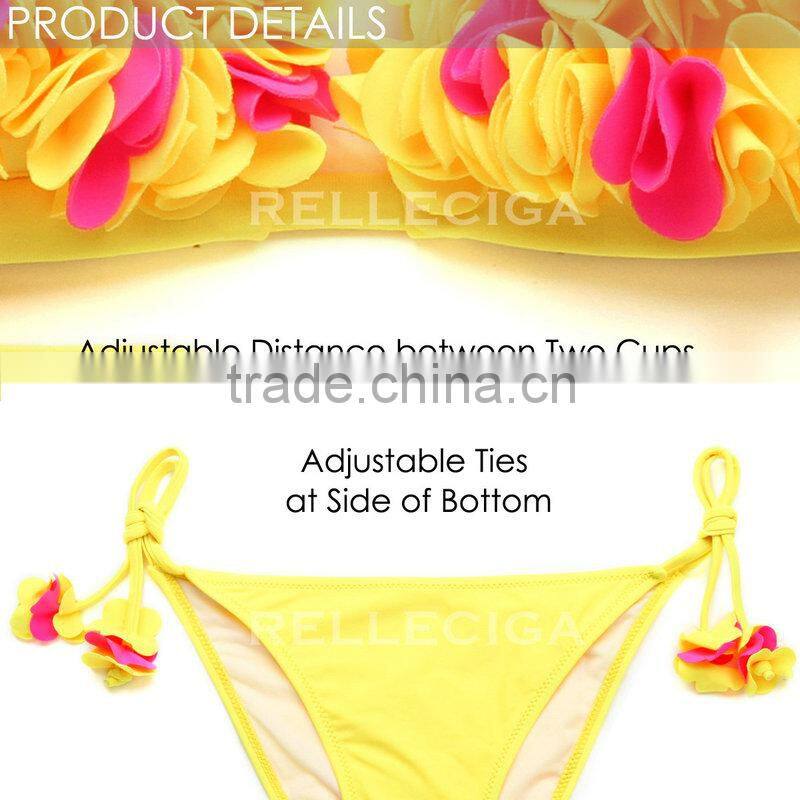 RELLECIGA 2016 Marianne Collection - Yellow &Pink3DBlooming Flower Triangle Top Bikini Set with Moderate Push-up Molded Cups