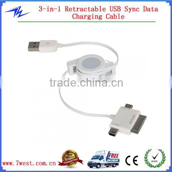 High Speed 3 IN 1 Retractable USB Cable For iPhone support IOS 8.0 /Samsung/HTC