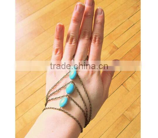 Trendy Boho Finger Ring Turquoise Harness Slave Chain Hand Bracelet