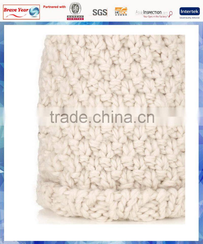 Beige chunky knit custom blank pom beanie/ladies fashion knitted hat patterns