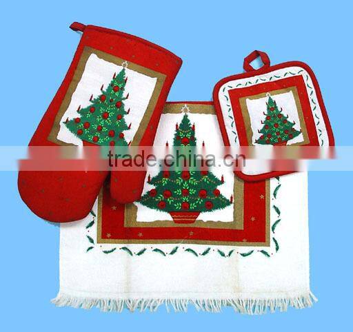 3pc pigment printing towel with fringe cheese holder set rooster design glove set