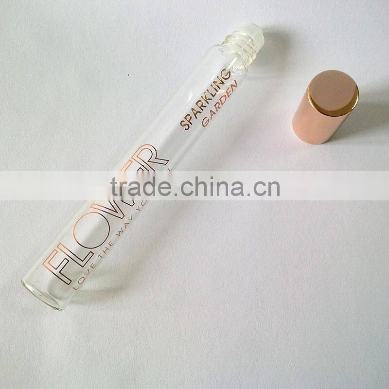 Roll on glass tube for perfume bottle with roll on ball and surface silk screen printing