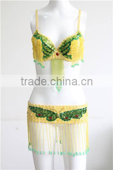 High quality handmade bling yellow green bra & butterfly hip belt beaded belly dance wear