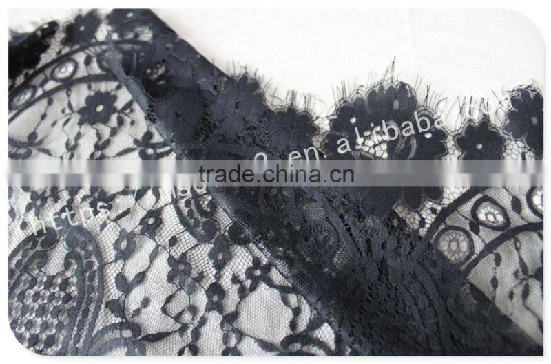 Good price 44cm width polyester floral eyelash black lace trim for sale