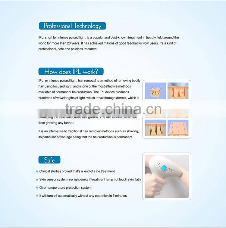 2016 portable ipl hair removal machine with long lamp life time 300000 shots no consumable with skin tone sensor