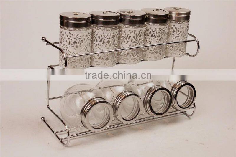 iron stand metal cover glass canister & spice jars set