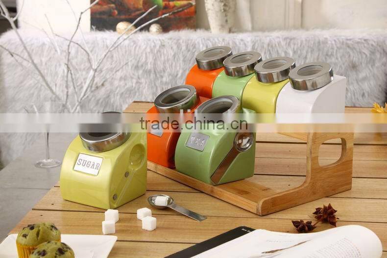 export to turkey colourful ceramic porcelain canister set,ceramic canister,storage jar,ceramic jarwith spoon & bamboo stand