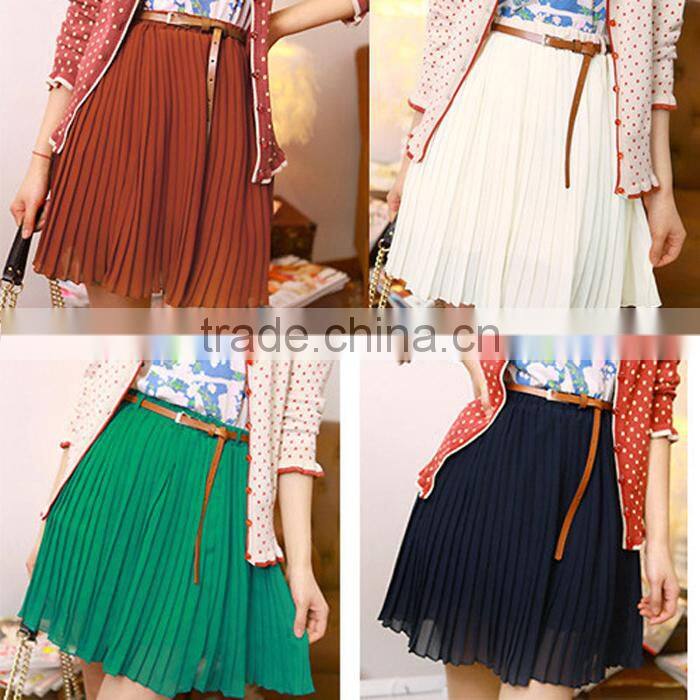 Summer Vintage Fashion Pleated Mini Skirts Sweet Girls Chiffon Waist Short skirts+Belt Designer Fresh Color Cool Clothing