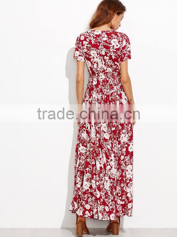 Woman Fashion Short Sleeve Floral Print Button Down Long Maxi Dress