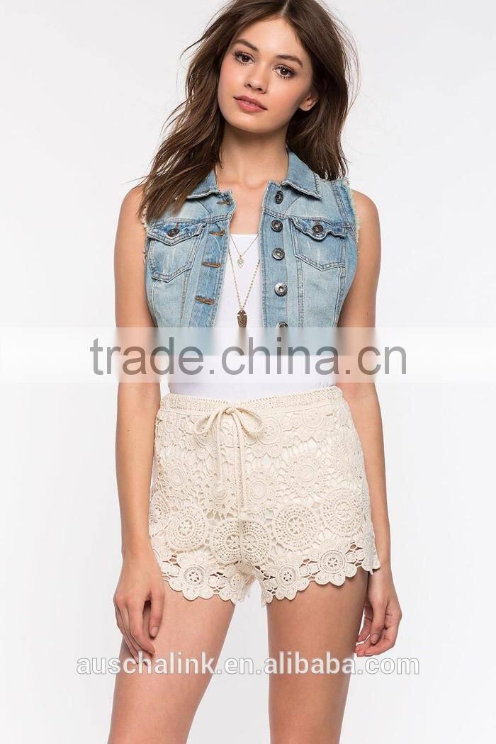 best selling ladies elegant white crochet polyester shorts