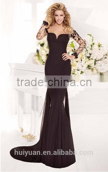 elegant full length A-line backless long sleeve black evening dresses