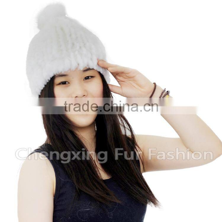 CX-C-58K Hand Knitted Genuine Rex Fur Beanie Hat With Fox Fur Ball