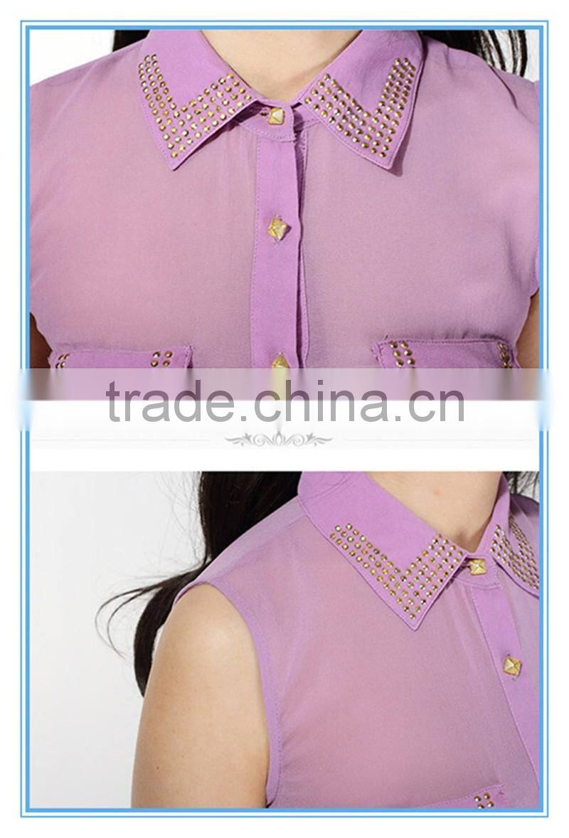 2016 New Fashion Women See Through Chiffon Purple Puffy Vest