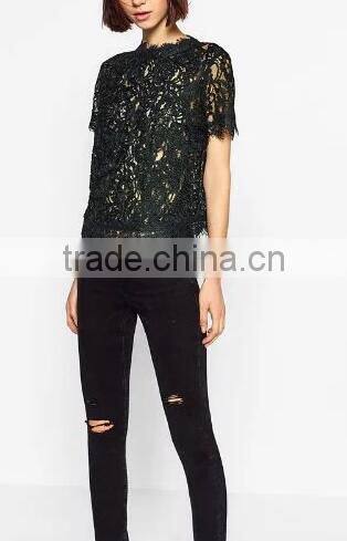 Runwaylover EY2368B Hot Sale 2017 Ladies Hollow Out Shrt Sleeve Lace T-Shirts