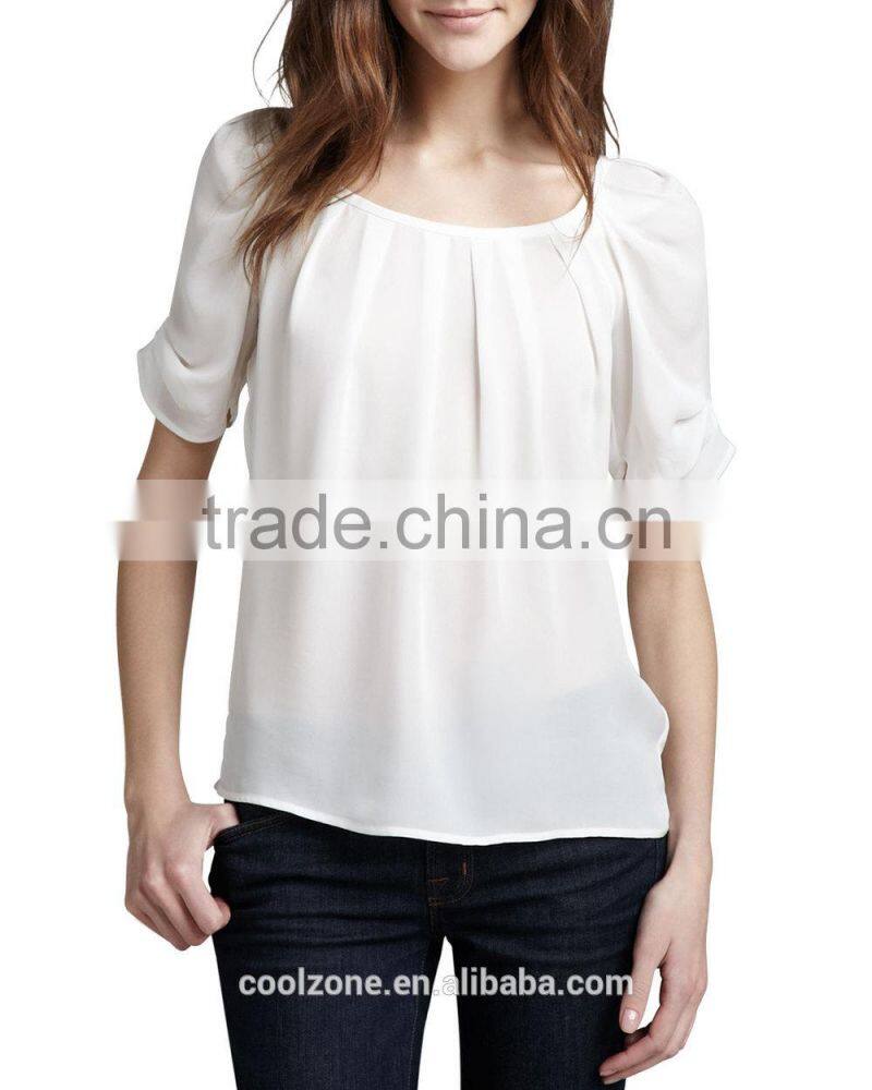 Latest pleated neck puffed shoulders silk blouse elegant silk blouses models