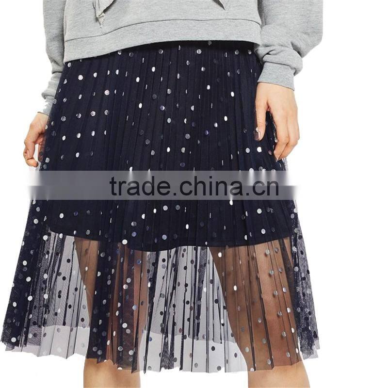 2017 OEM Spring Knee Length Navy Blue Foil Spotted Sequin Skirt