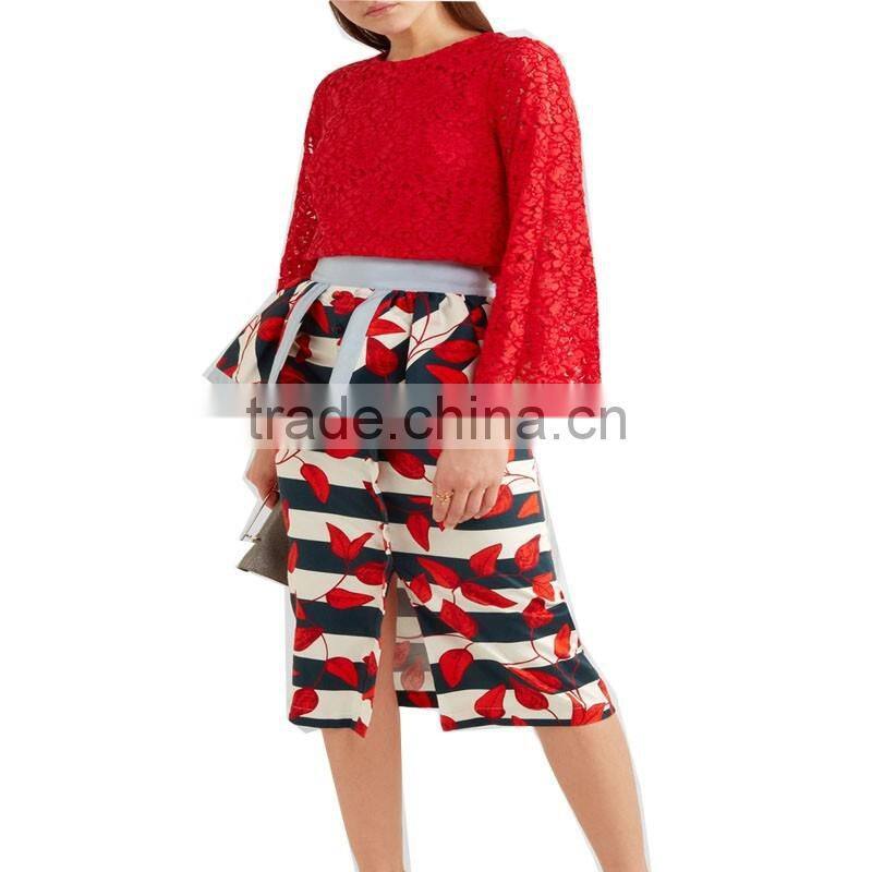 Latest spring design fashion red lace blouses for ladies elegent long sleeve women tops