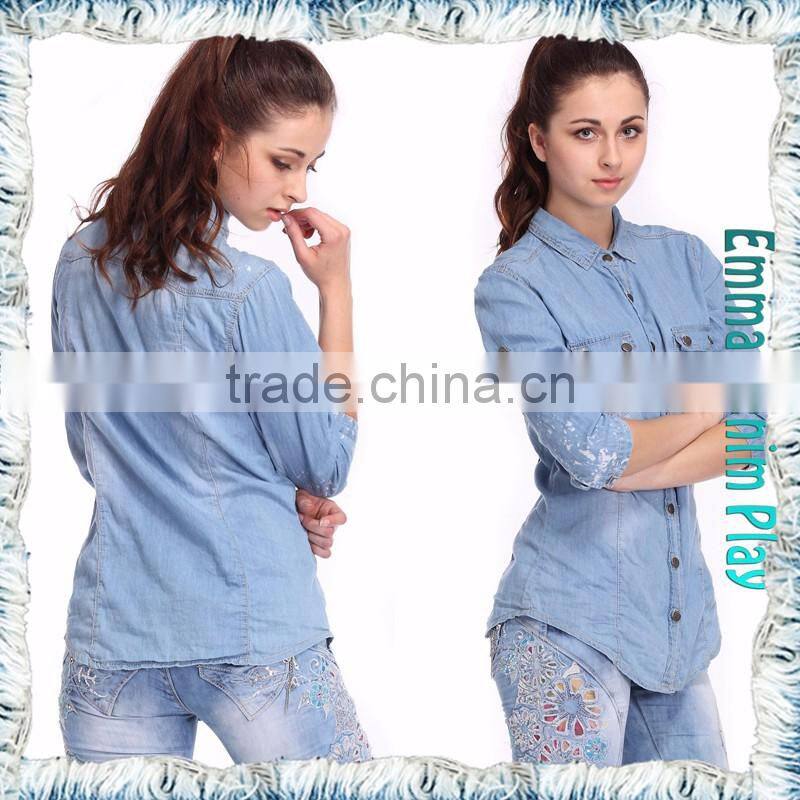 Soft Smooth Breathable Light Blue Color Fade Protected Enzyme Bleaching Washed Combed Cotton Lady's Denim Long Sleeve Shirts