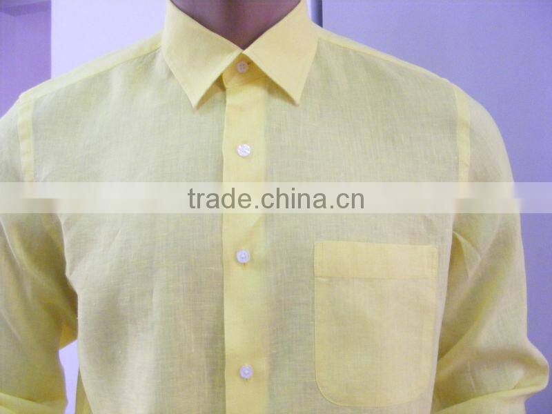 men's yellow linen shirt with long sleeve and one chest pocket