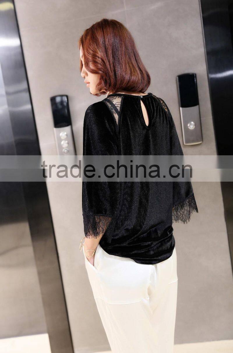Black 3/4 sleeven loose wear t shirt for fat women