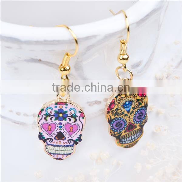 New Fashion Cheap Gold Plated Multicolor Halloween Sugar Skull Earrings