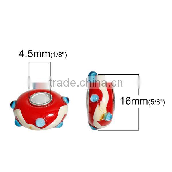 Wholesale Custom Round Silver Tone Core Red Stripe Pattern European Style Large Hole Lampwork Glass Beads