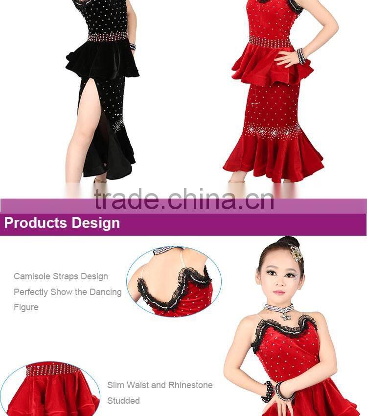 2017 Velvet Girls Child Latin Dance Costumes Black Red Fishtail Dance Dress For Kids