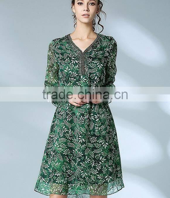 Ladies elegant party dress chiffon leaf bead loose prom dress 2017