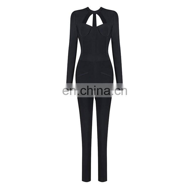Amigo 2017 new design sexy women evening wear black long sleeve high neck backless cut out bodycon bandage jumpsuit for girls