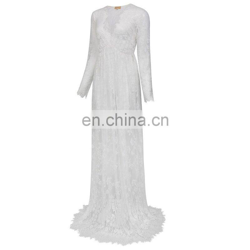 Kate Kasin Maternity Sexy Deep V-Neck Long Sleeve See-Through White Lace Maxi Long Maternity Dress KK001082-2