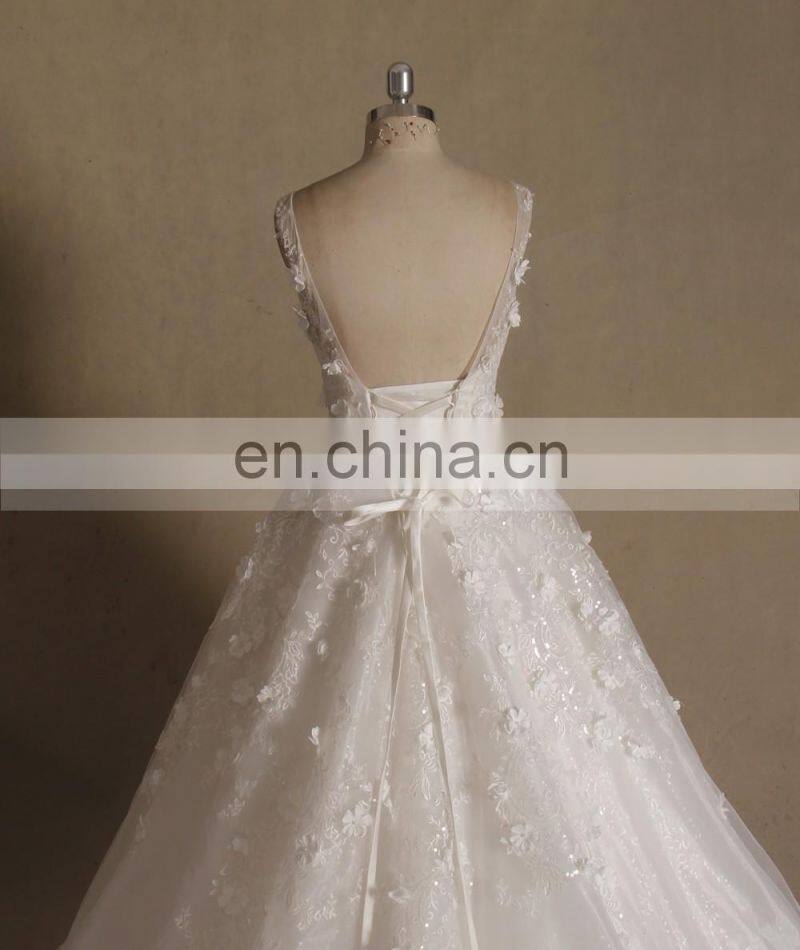 Noble Scoop Neck Corded Flowers Puff Aline Wedding Dress Long Train Sleeveless