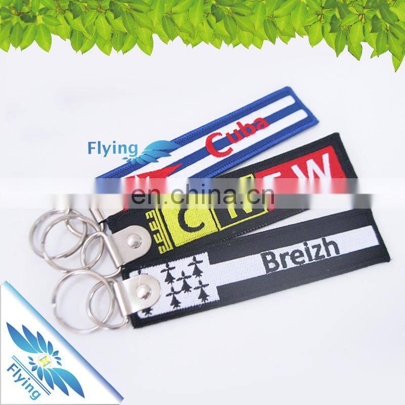 OEM keychain design, bulk cheap custom embroidery key ring with logo, airport fabric keychain for promotion