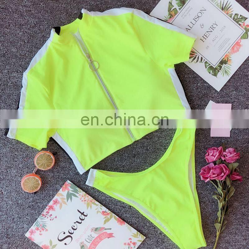 Seven-colour 2019 new high waist bikini deep v blue bikini zipper short sleeve women split 2 piece swimsuit fitness women A135