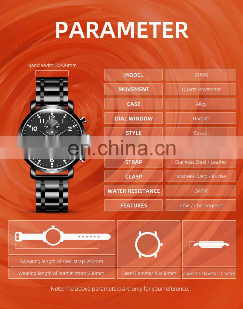 MEGIR 2160 Fashion Leather Stainless Steel Waterproof Chronograph Sport Wrist Watches Quartz Watch Man