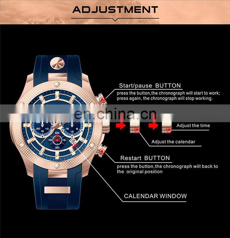High quality rose gold case blue dial and silicone band dress steel chronograph sports watch men custom logo