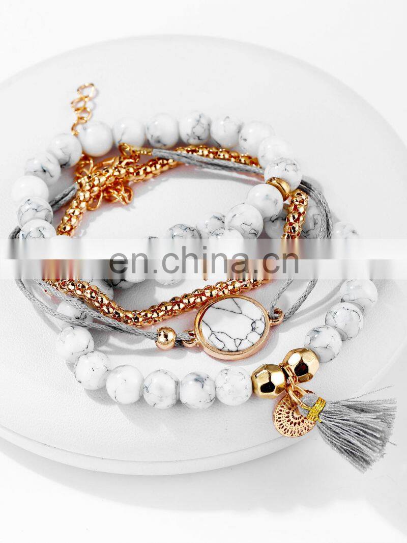4pcs/Set Bohemian Stone beads chains bracelets Set For Women Metal Heart Round Tassel charm Bangle Fashion Jewelry