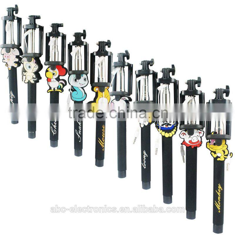 New Monopod Selfi Extendable Selfie Stick 3.5mm Wired with Holder Cartoon design For Samsung Iphone 6 self Monopod