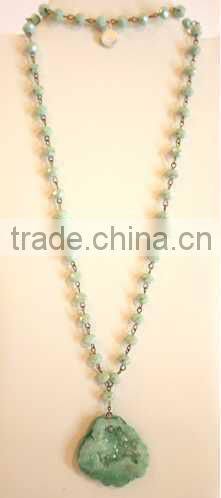 Mint Green Color Hollow Out Druzy Stone Pendant Crystal Beads Chain Necklace