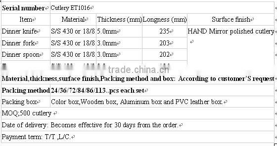high quality hotel restaurant supply Thyssen stainless steel knife and fork cutlery flatware