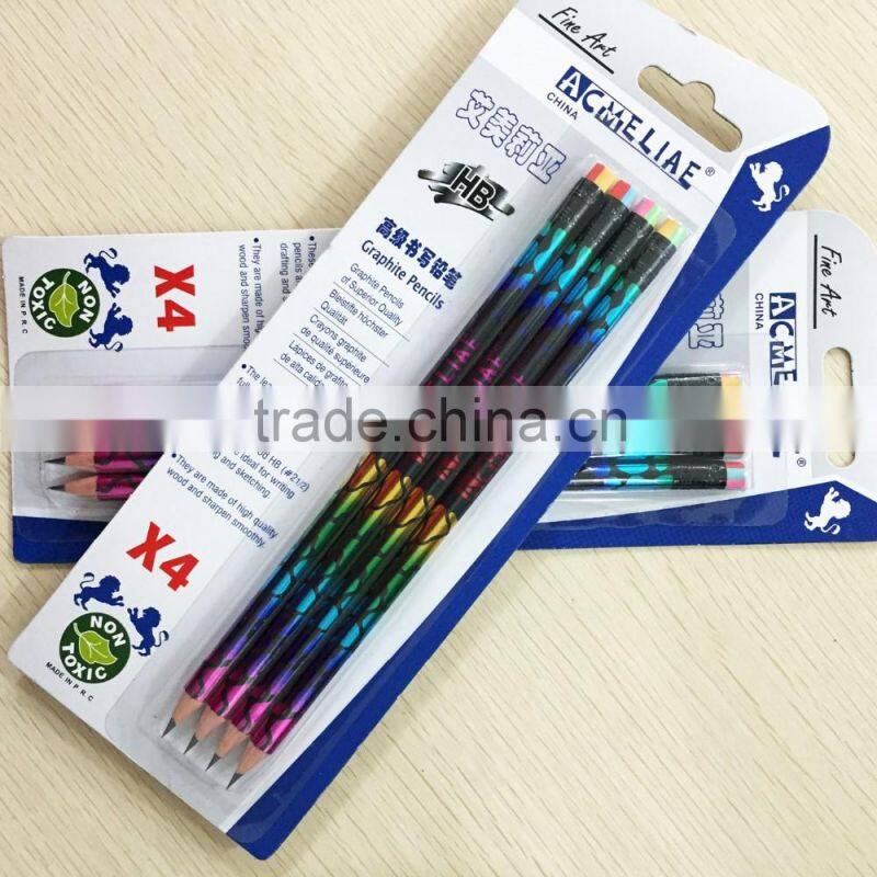 Standard size soft wood round shape heat rolling rainbow laser HB pencil in blister card