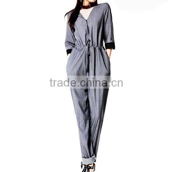 Women's V Neck Long Pants Jumpsuit Overall with Waist Rope L1271