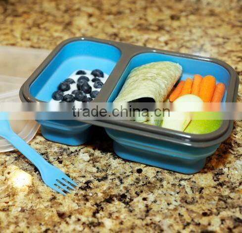 FDA 2 Compartment Food Storage Container and Collapsible Silicone Lunch Box with Utensil Included