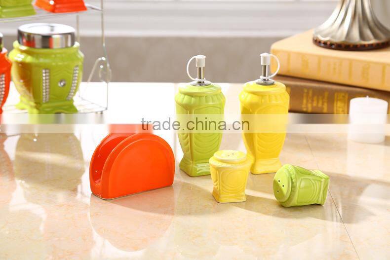 colour ceramic canister set with stainless metal stand