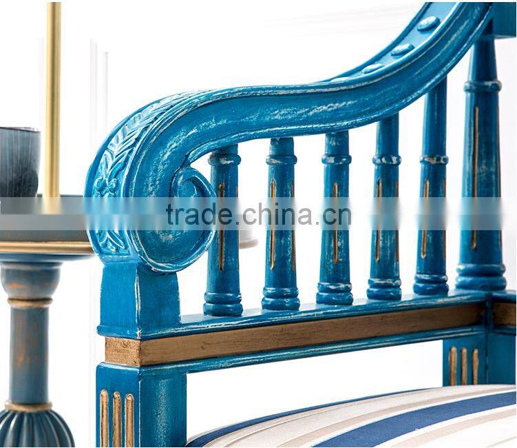 Antique Handmade Solid Wood Square Back Carving Armchair Painted in Vintage Blue and with Striped Fabric BF12-03294b