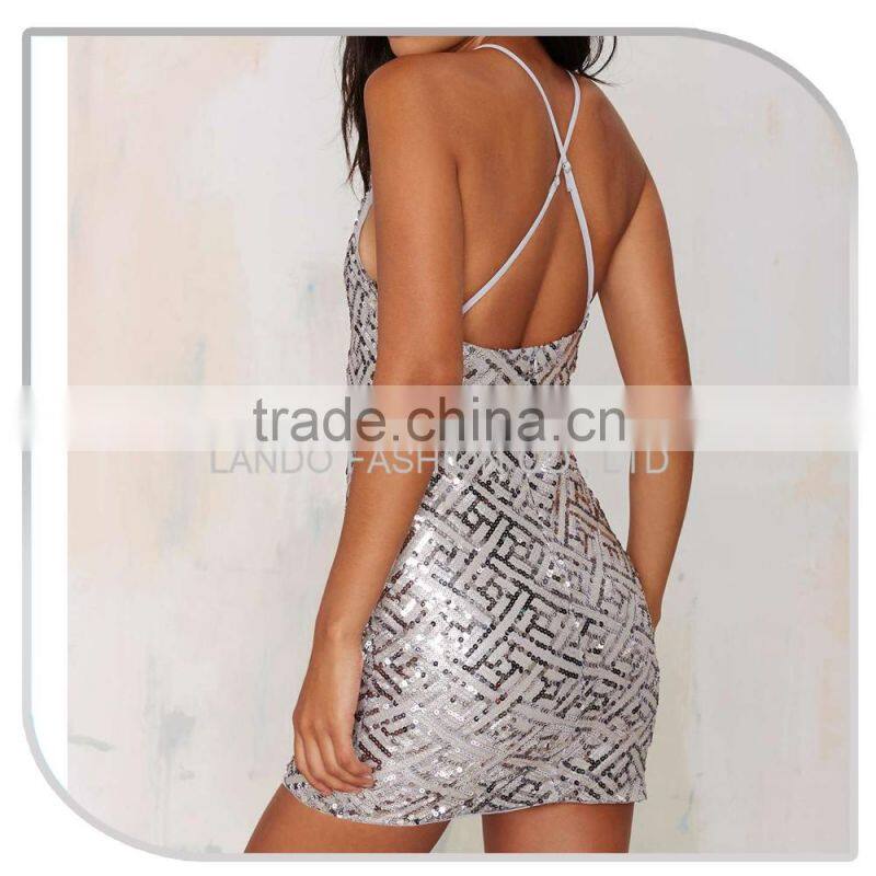 2016 Sexu back open shiny silver sequin bodycon mini evening dress